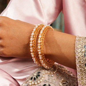 Zeba Pearl Lattice Gold Bangles