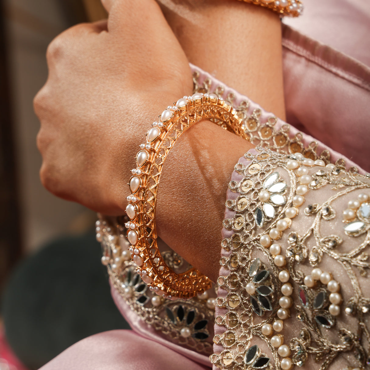 Zeba Pearl Lattice Gold Bangles