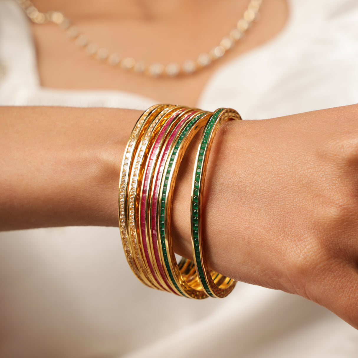 Mahin Ruby Emerald Stone Line Bangles Set