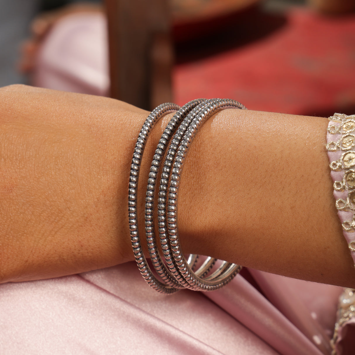 Harili Classic Silver Beaded Bangles Set