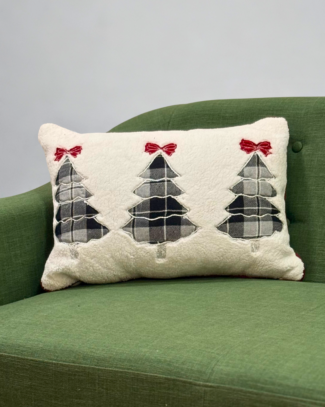 Three plaid Christmas trees with red bows Cushion -Filled