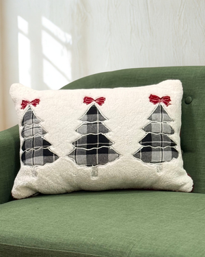 Three plaid Christmas trees with red bows Cushion -Filled
