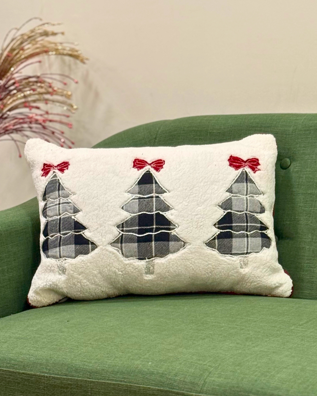 Three plaid Christmas trees with red bows Cushion -Filled