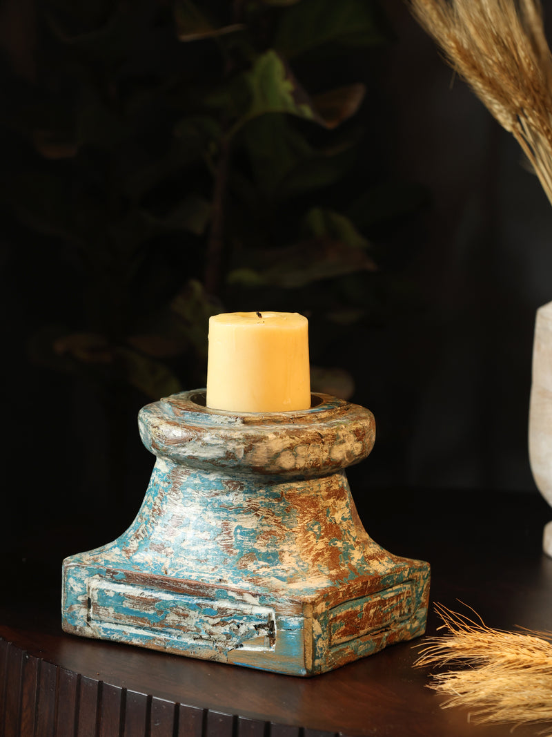 Candle Holder - Wooden Rustic Green