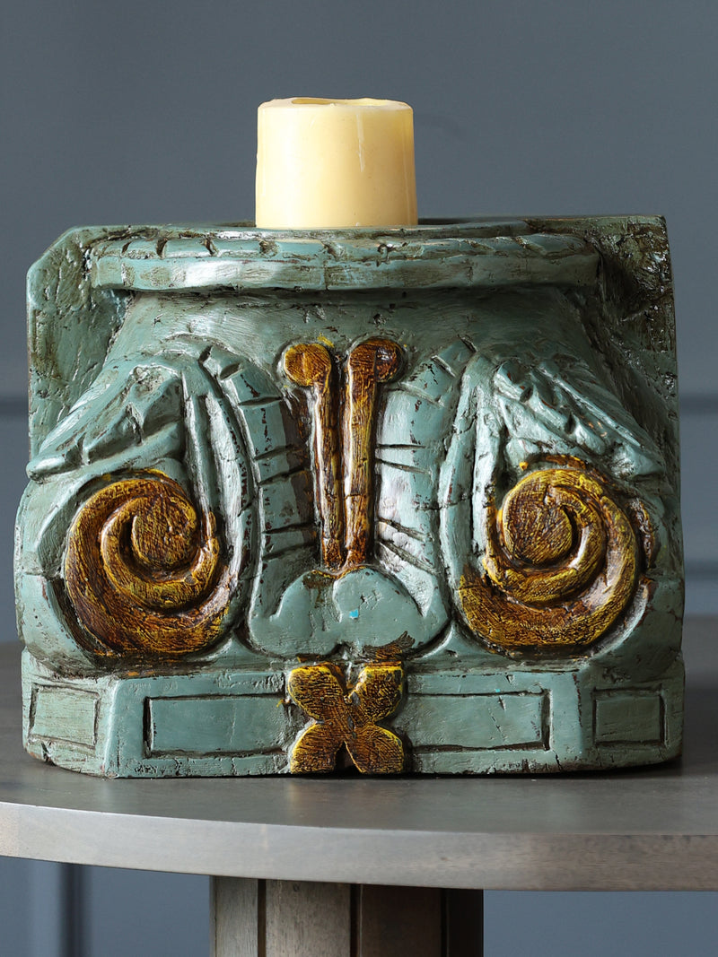 Candle Holder - Wooden Rustic Green / Gold