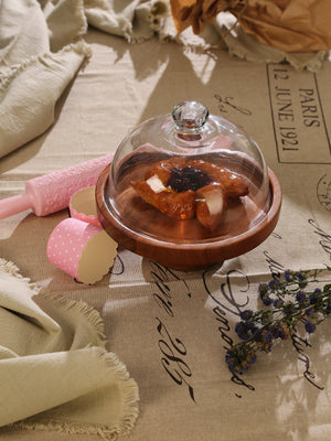 Wooden cake stand with cloche