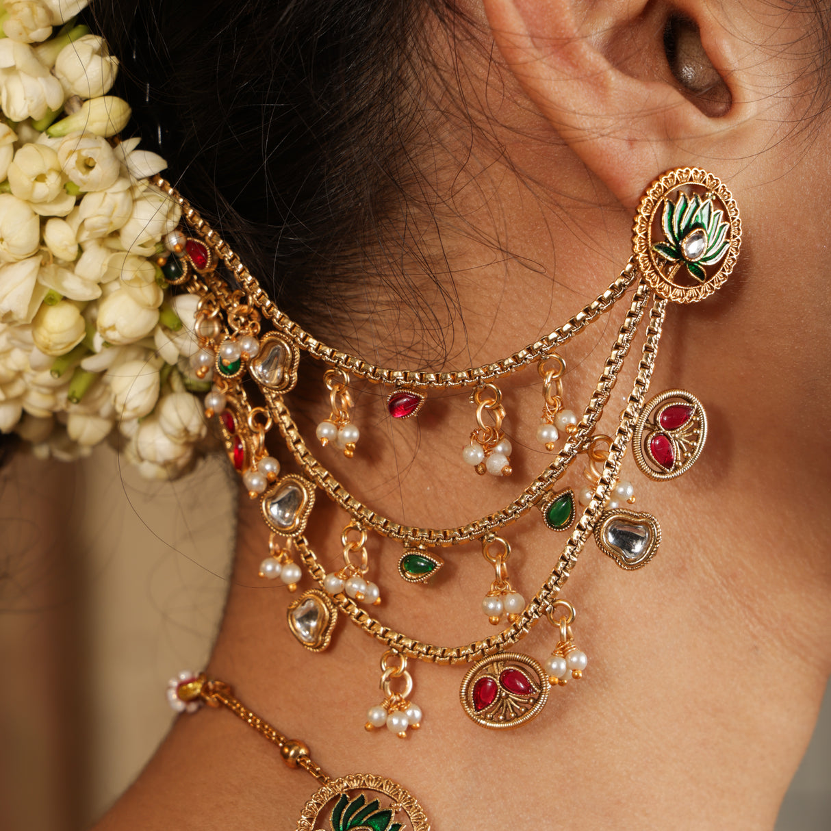 Royal Polki Ruby Pearl Ear Chain