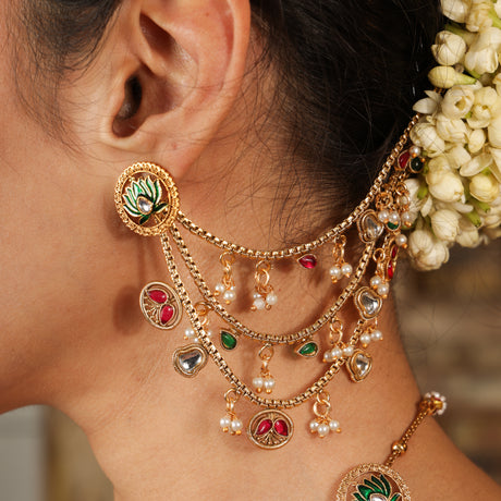 Royal Polki Ruby Pearl Ear Chain