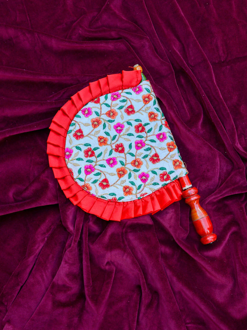 Hand Fan With Floral Thread Embroidery