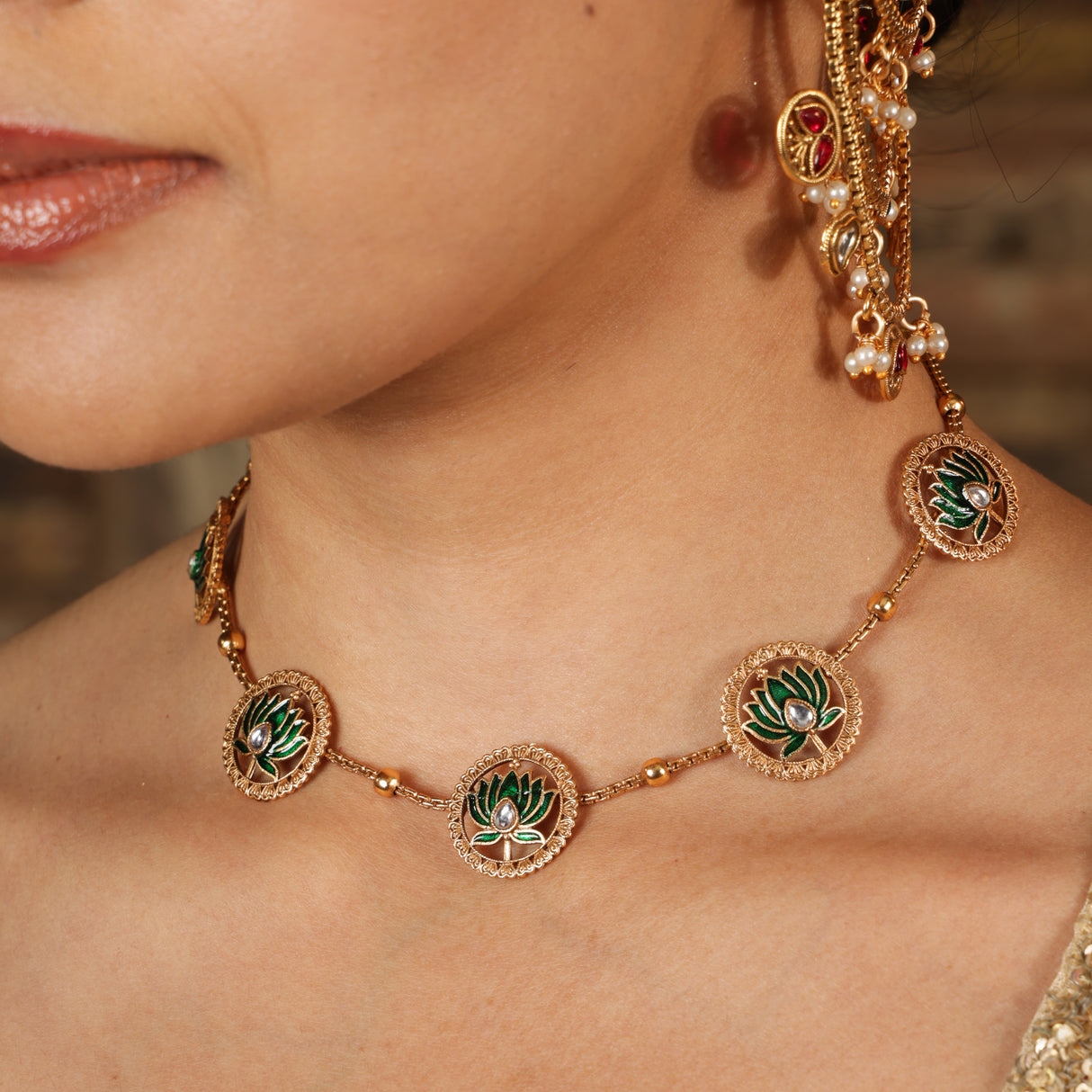 Manika  Green Lotus Heritage  Jewellery Set