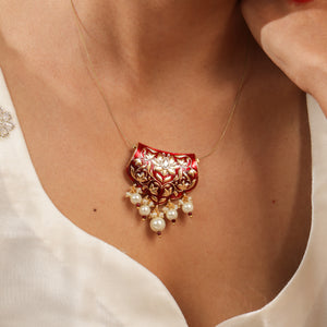 Anvi  Lotus Pearl Enamel Pendant Set