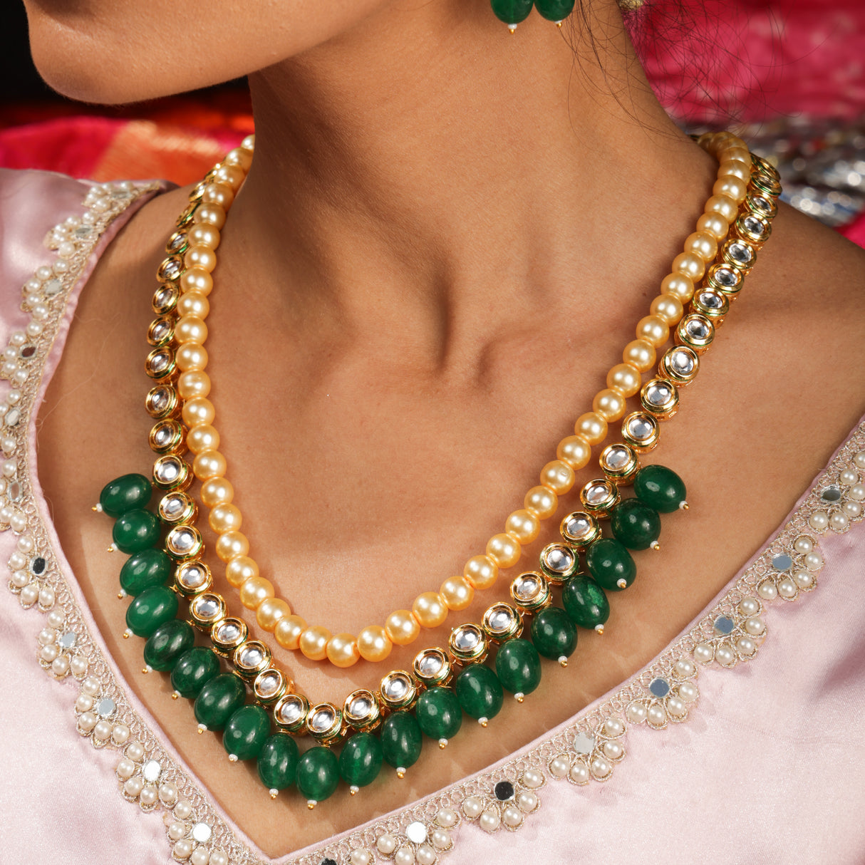 Aira Rajwada Pearl & Emerald Layered Necklace Set