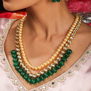 Aira Rajwada Pearl & Emerald Layered Necklace Set