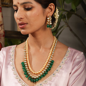 Aira Rajwada Pearl & Emerald Layered Necklace Set