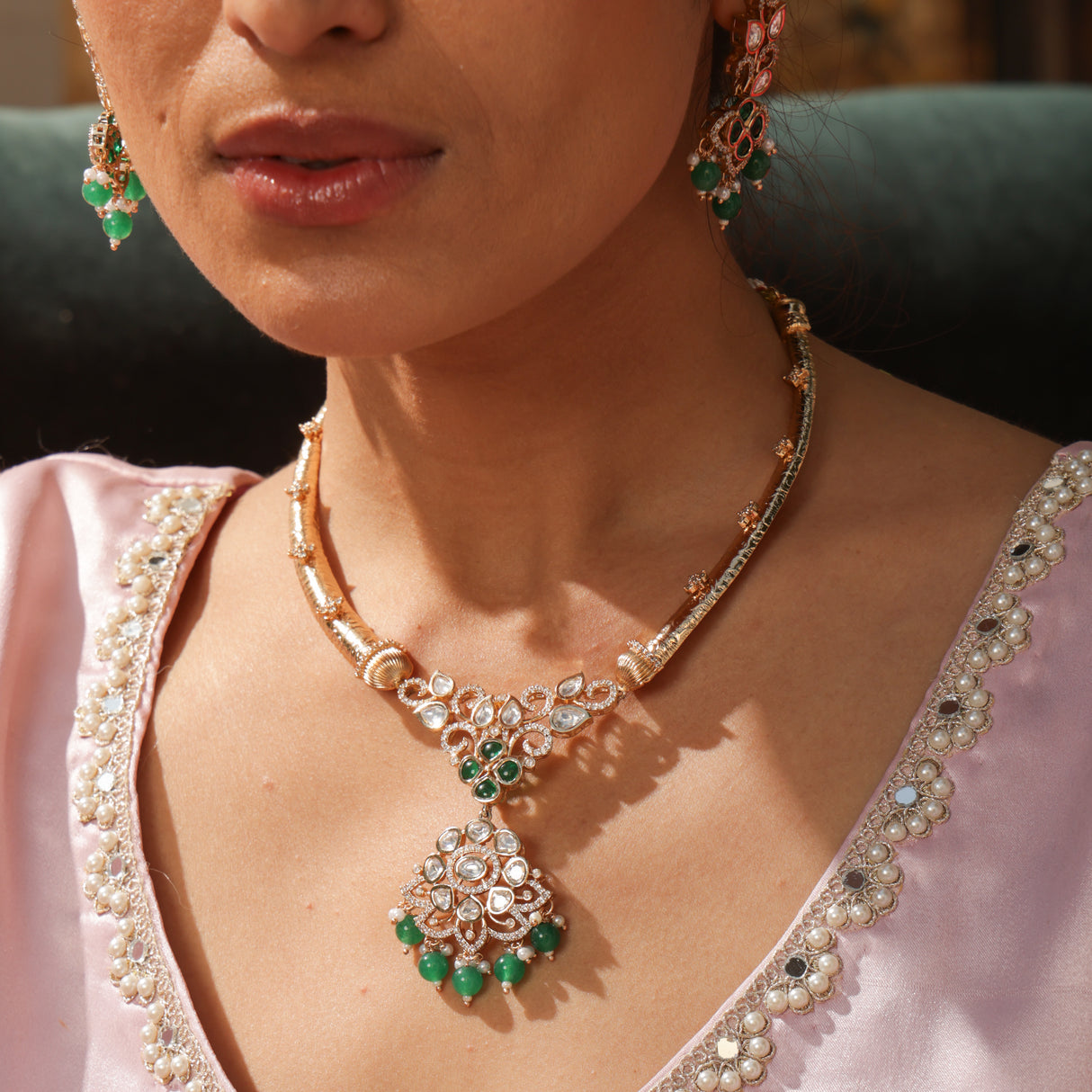 Noorvati  Green Stone Necklace Set