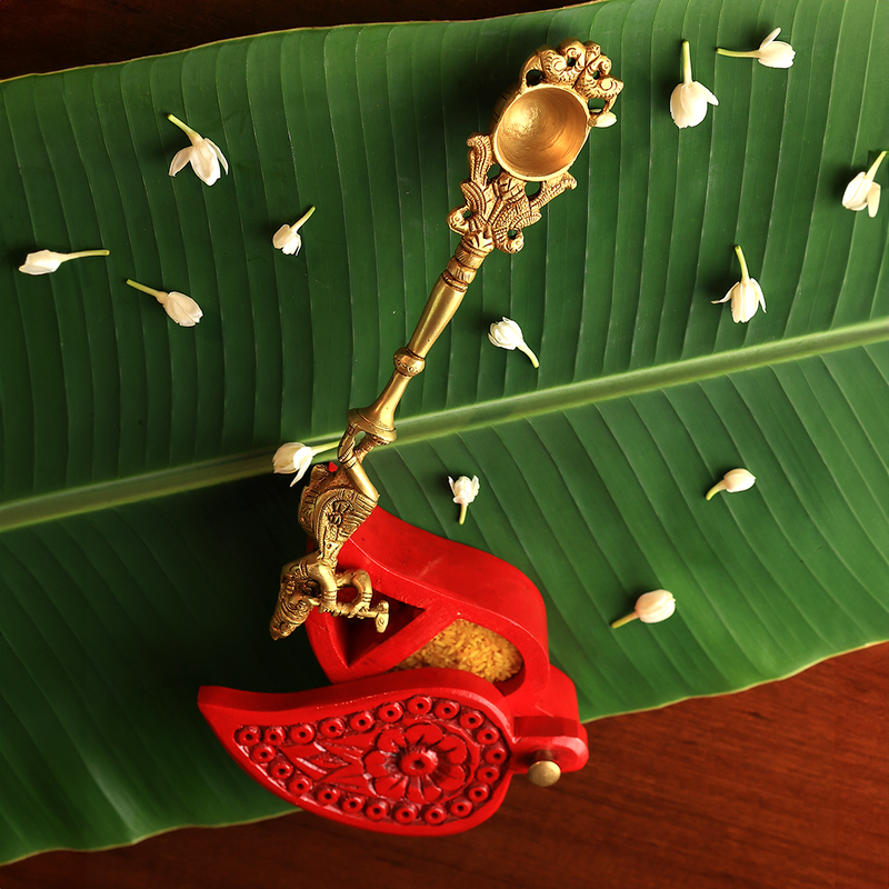 Brass Spoon - Krishna Idol Carved Havan Spoon