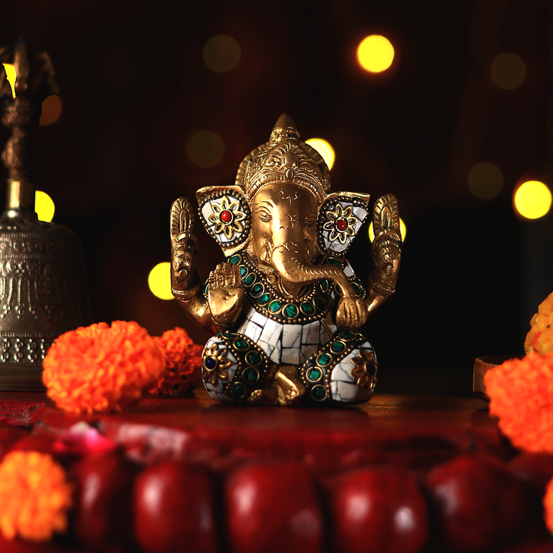 Brass Statue - Ganesha In White Stone Details