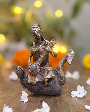 Antique Decor Accent - Maa Sarswati with Peacock- Dhokra Art
