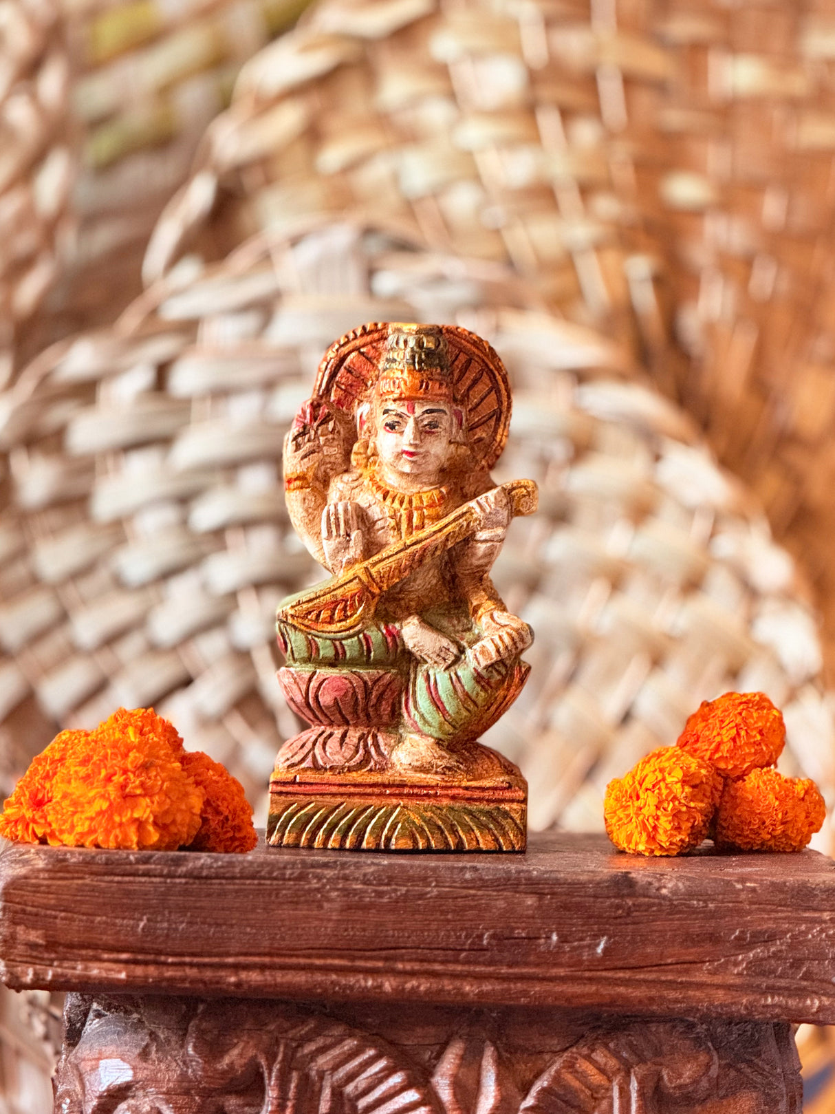 Wooden Whisper - Saraswati Carved Sculpture