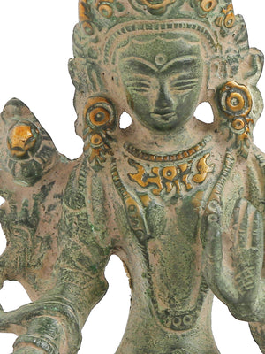 Tara Devi in Brass with Green stone finish