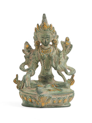 Tara Devi in Brass with Green stone finish