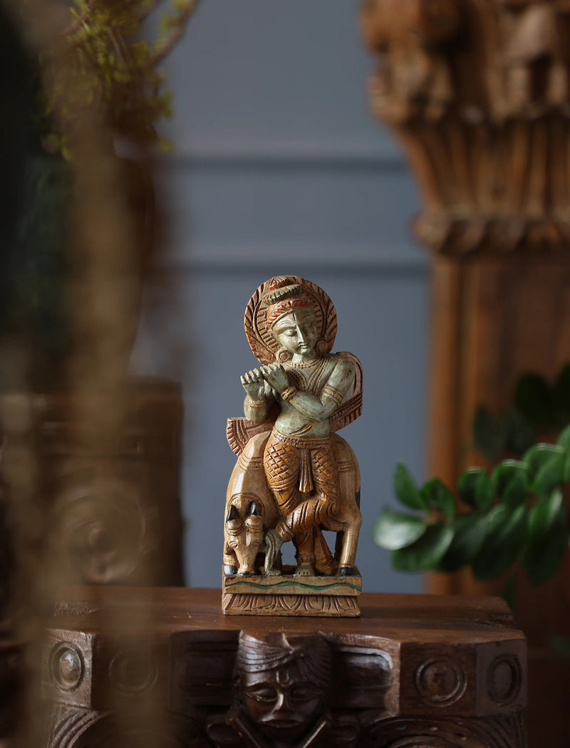 Wooden Whisper - Krishna Carved Rustic Finish