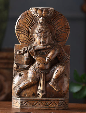 Wooden Whisper - Krishna Carved Rustic Finish