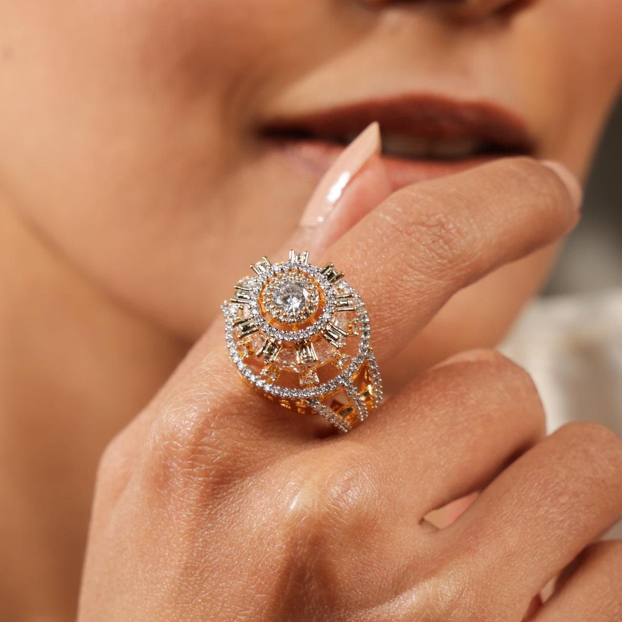 Roya Golden Radiance Diamond Halo Stone Statement Ring