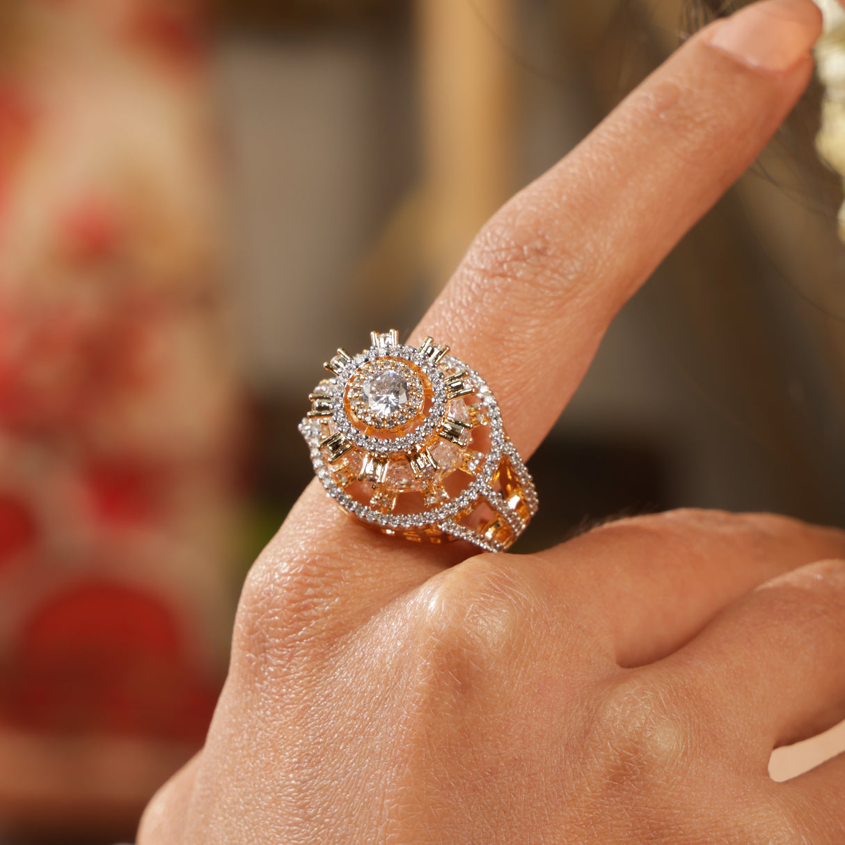 Roya Golden Radiance Diamond Halo Stone Statement Ring