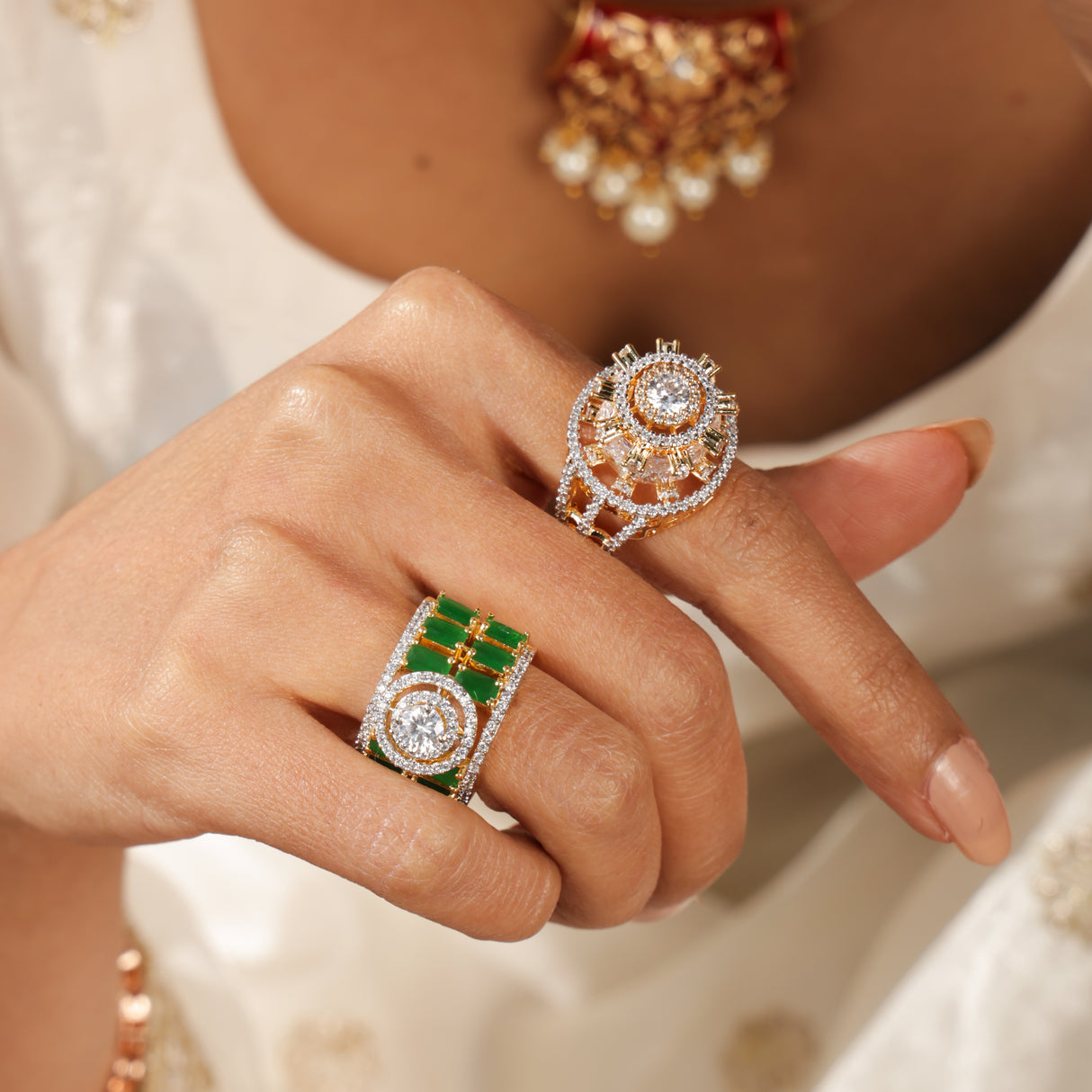 Banu Emerald Elegance Diamond Halo stone Statement Ring