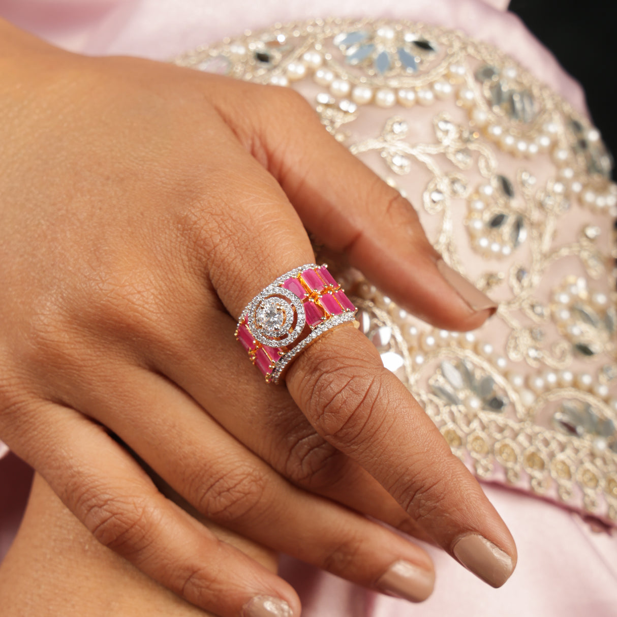 Banu Emerald Elegance Diamond Halo stone Statement Ring