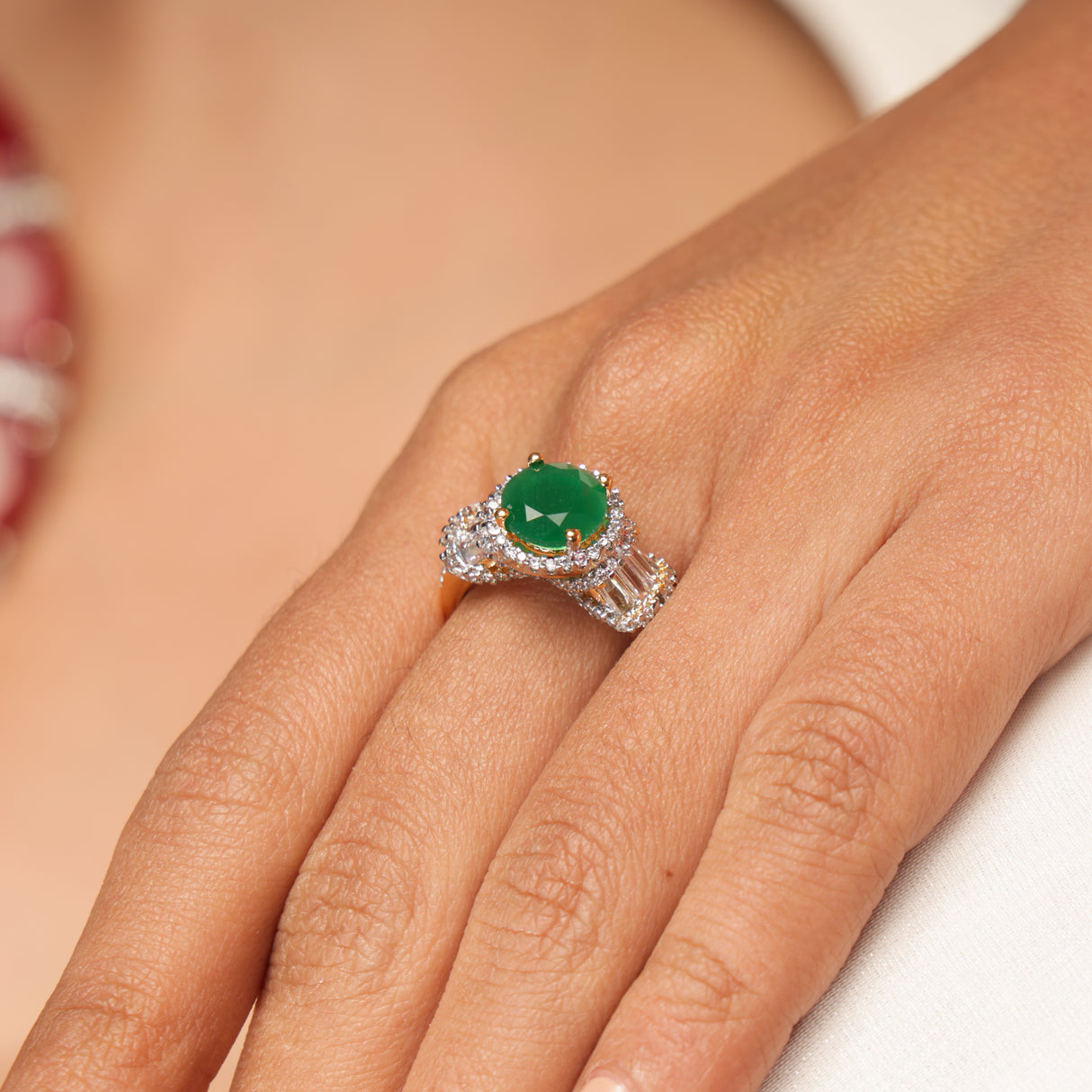 Roya Emerald Glow Diamond  Halo stone Statement Ring