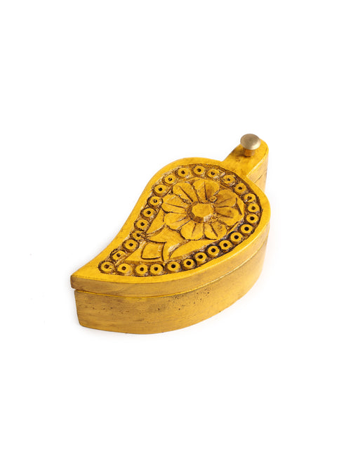 Hand crafted Wooden box with carved flower - Yellow