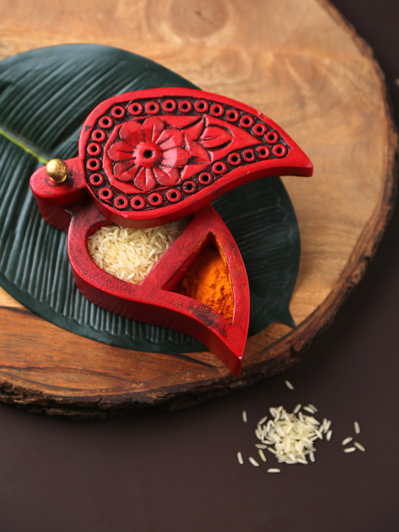 Hand crafted Wooden box with carved flower - red