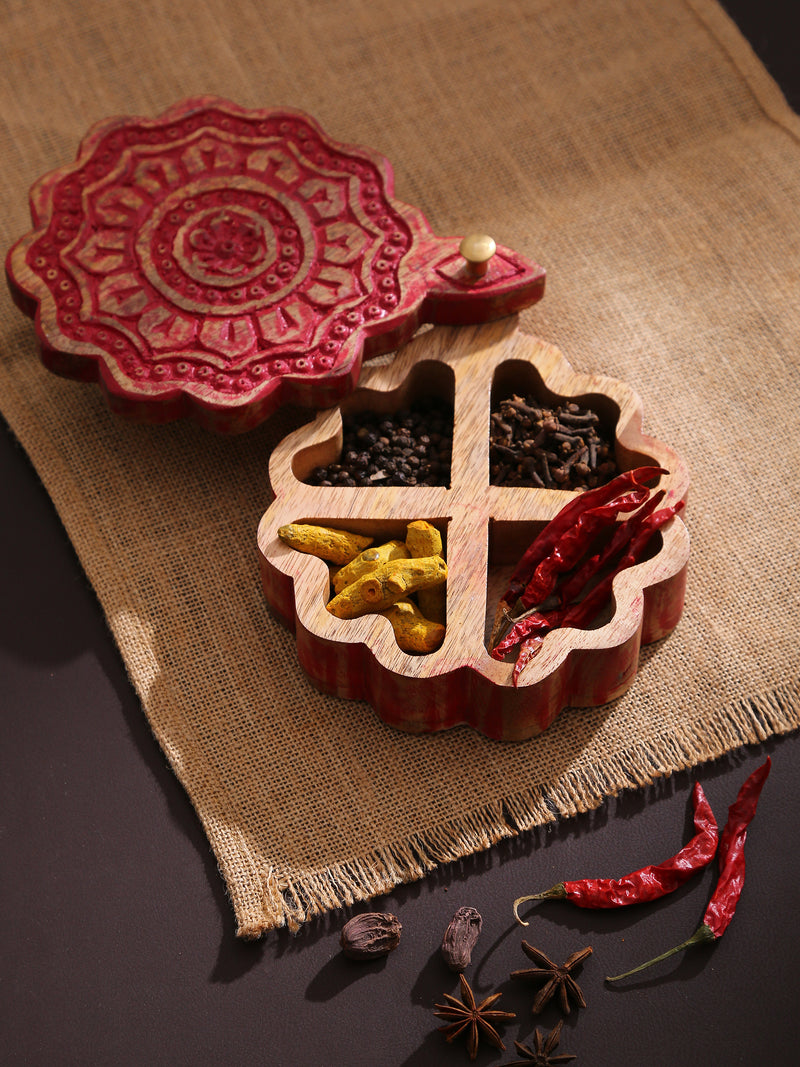 Hand carved circular box in red distress finish