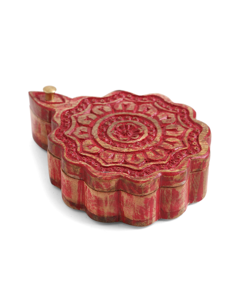 Hand carved circular box in red distress finish