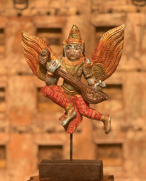 Wooden Handcarved Hand Painted Gandharva with Veena