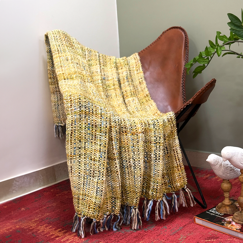 Soft Chunky Acrylic Wool throw in Green, Yellow , Multicolor weaving