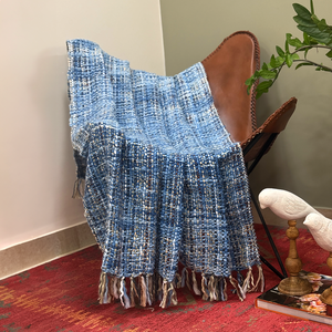 Soft Chunky Acrylic wool throw in Blue, white weaving