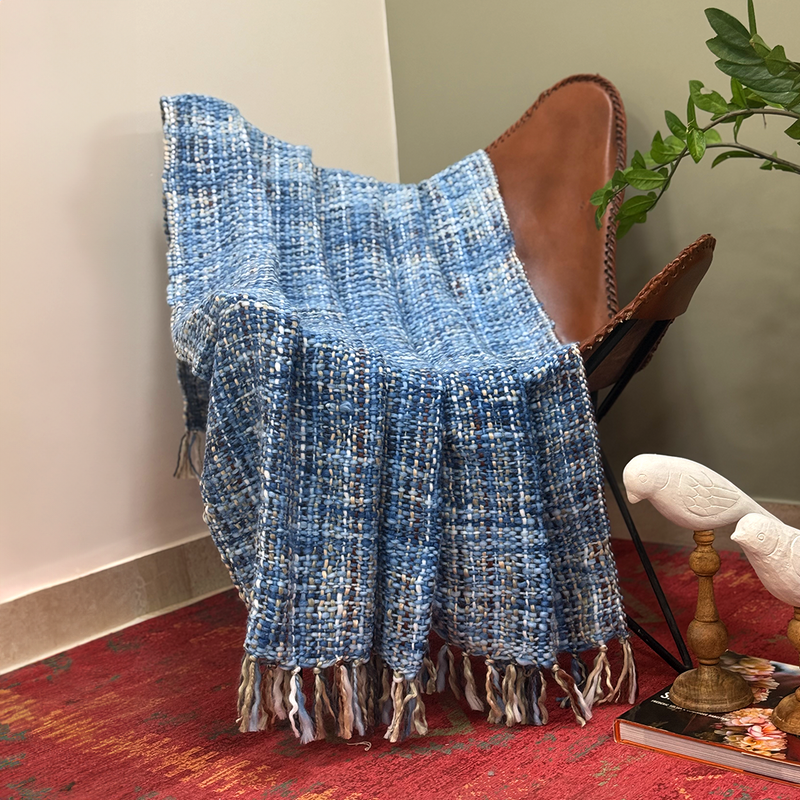 Soft Chunky Acrylic Wool throw in Blue , white weaving