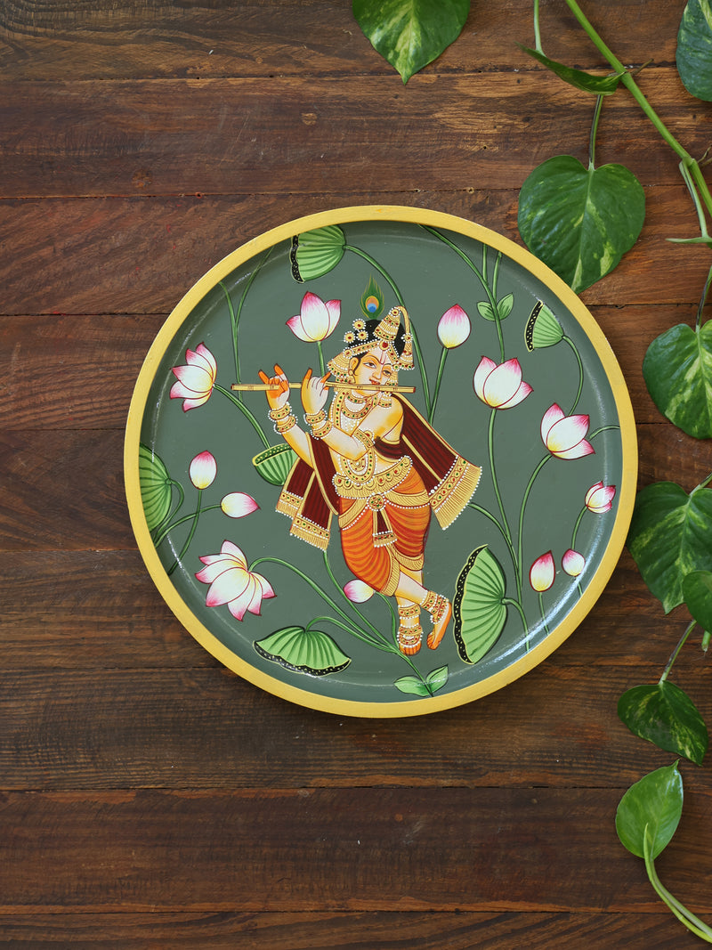 Wooden Wall Plates - Krishna With Lotus Flower
