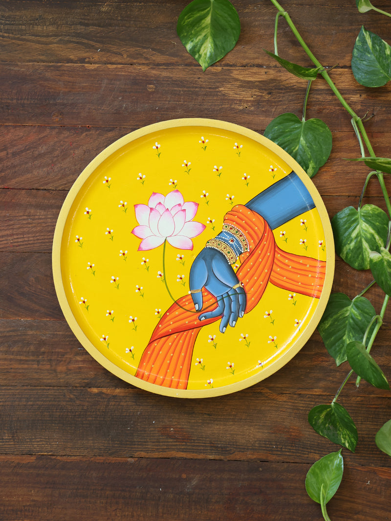 Wooden Wall Plates - Lord Krishna's Hand with Lotus Flower