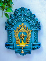 Rustic Greenish Blue Carved Frame With Diya Having Ganesha