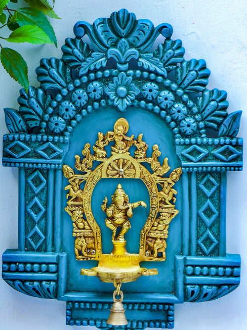 Rustic Greenish Blue Carved Frame With Diya Having Ganesha