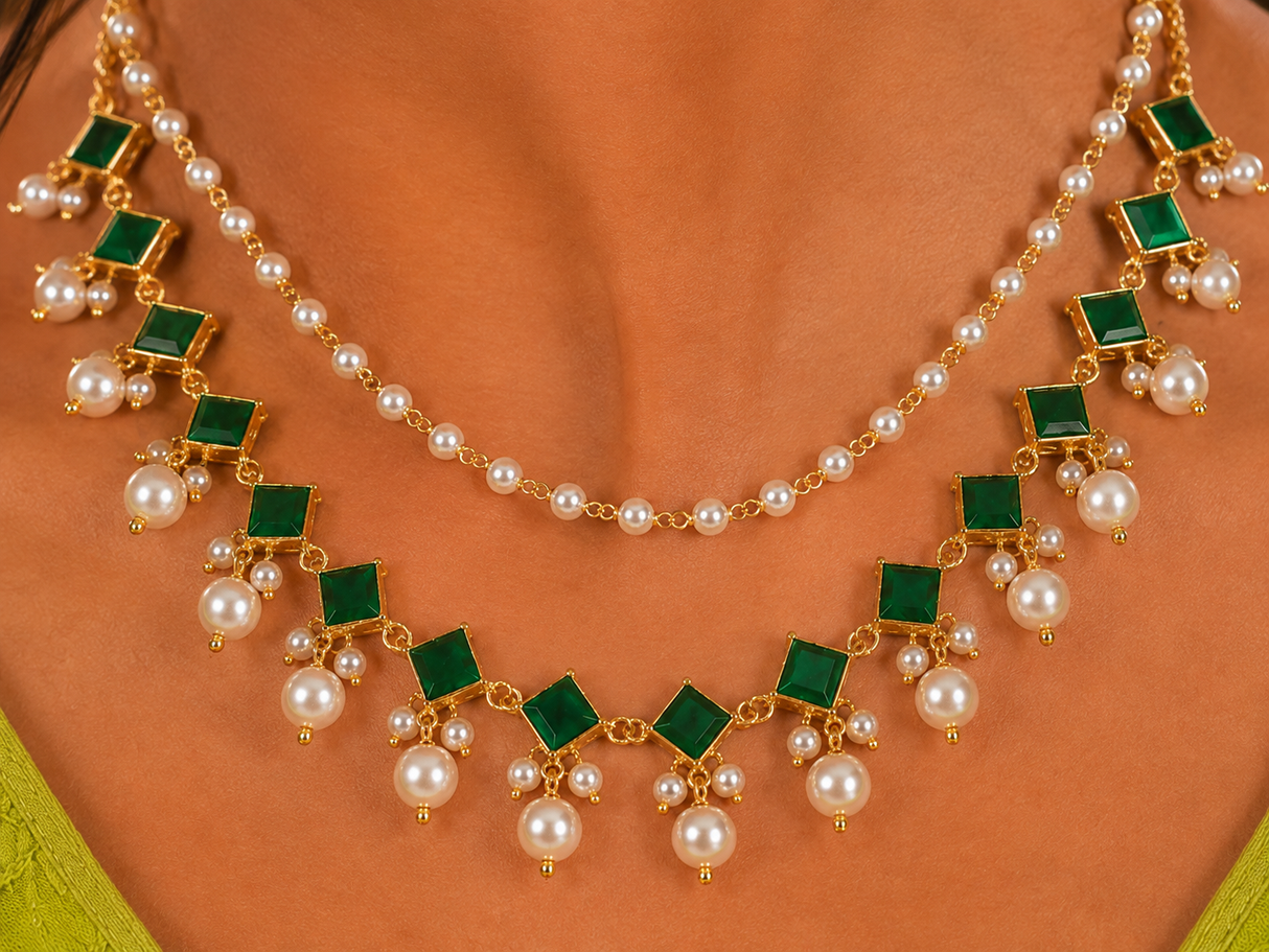 Sarita Emerald Polki Pearl Necklace Set