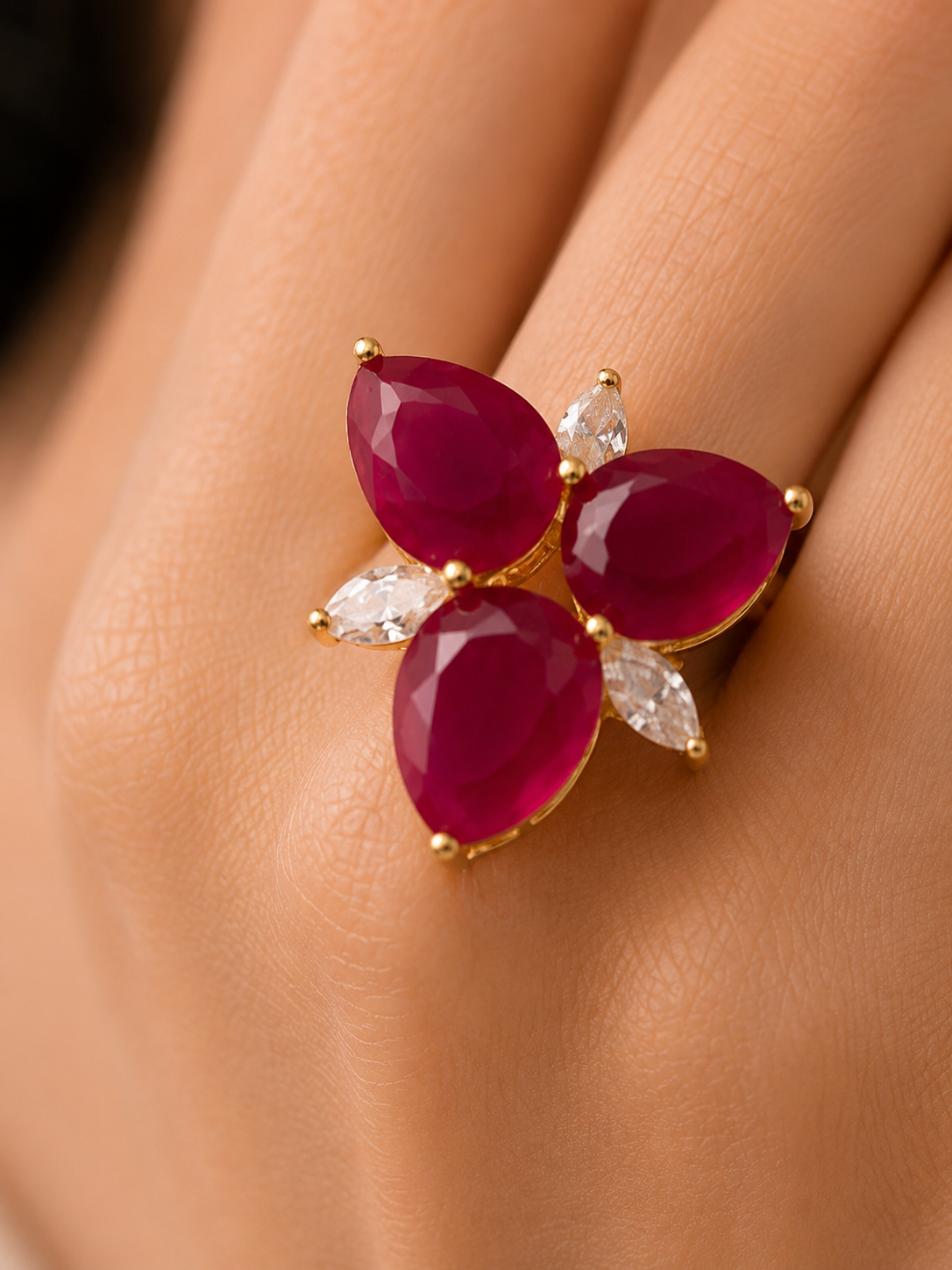 Mahi Ruby Bloom Floral Statement Ring