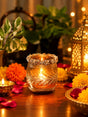 Exclusive Design Glass votive with removable jeweled metal ring in Mercury finish- L - Diwali decor