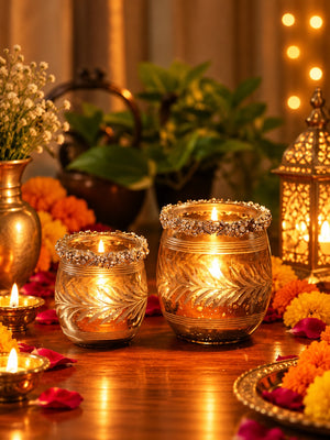 Exclusive Design Glass votive with removable jeweled metal ring in Mercury finish- S - Diwali decor