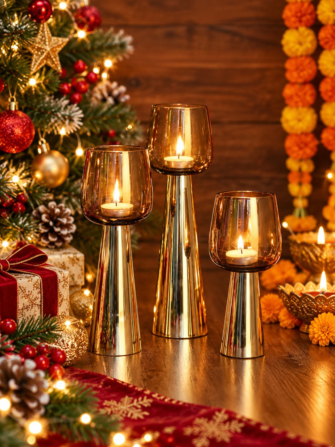 Candle Holder - Smokey Grey Glass Hurricane Set of 3 - Christmas decor