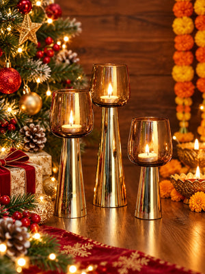 Candle Holder - Smokey Grey Glass Hurricane Set of 3 - Christmas decor